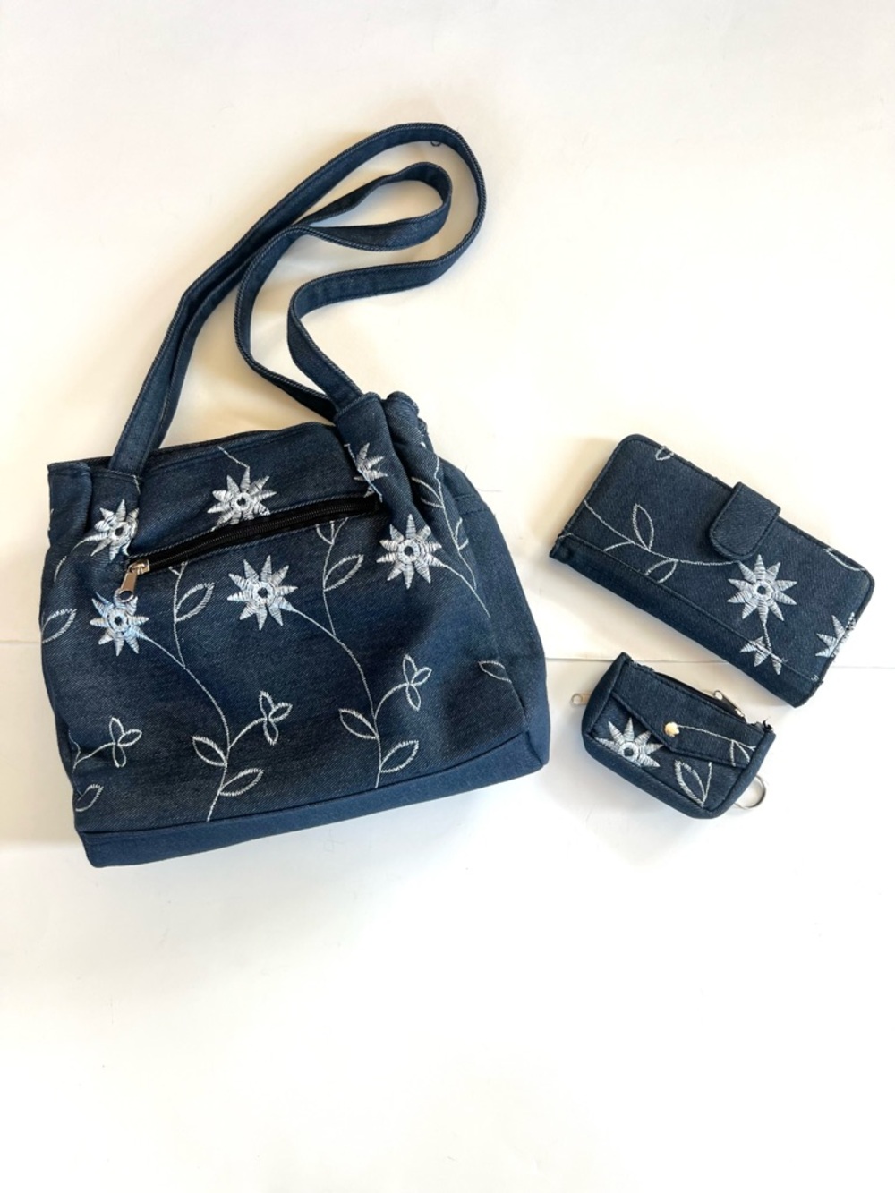 Embroidered Floral Denim Purse Set with Wallet and Coin Pouch Boho Y2K